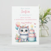 Schattigee Pastel Kitten Verjaardagstaart - Verjaa Kaart (Staand voorkant)
