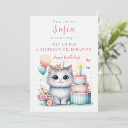 Schattigee Pastel Kitten Verjaardagstaart - Verjaa Kaart (Staand voorkant)