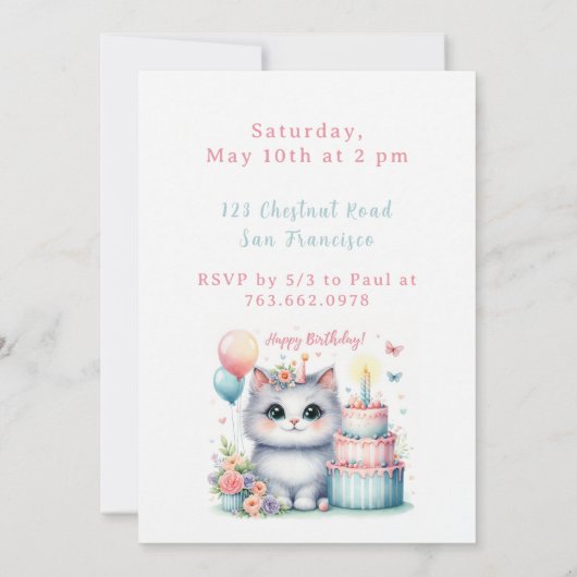 Schattigee Pastel Kitten Verjaardagstaart - Verjaa Kaart (Achterkant)