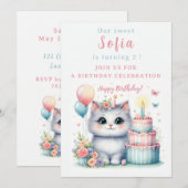 Schattigee Pastel Kitten Verjaardagstaart - Verjaa Kaart (Voorkant / Achterkant)