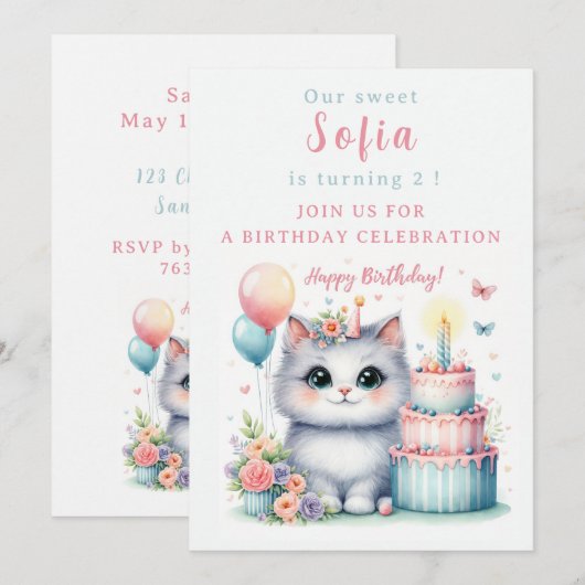 Schattigee Pastel Kitten Verjaardagstaart - Verjaa Kaart (Voorkant / Achterkant)