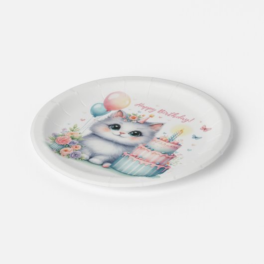 Schattigee Pastel Kitten Verjaardagstaart - Verjaa Papieren Bordje (Gekanteld)