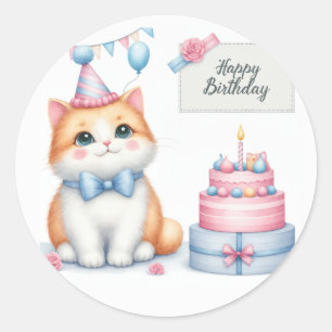Schattigee Pastel Kitten Verjaardagstaart - Verjaa Ronde Sticker