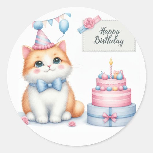 Schattigee Pastel Kitten Verjaardagstaart - Verjaa Ronde Sticker (Voorkant)