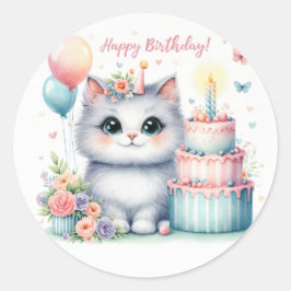 Schattigee Pastel Kitten Verjaardagstaart - Verjaa Ronde Sticker