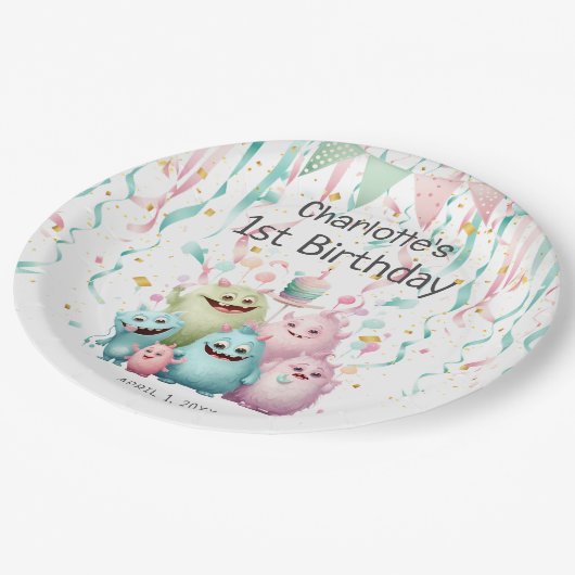Schattigee Pastel Kleine Monsters Meisje's 1e Verj Papieren Bordje (Gekanteld)