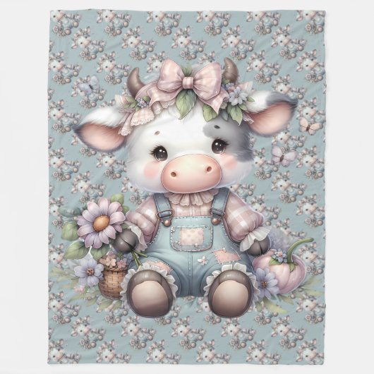 Schattigee Pastel Koe in Overalls met Bloemen Fleece Deken (Voorkant)