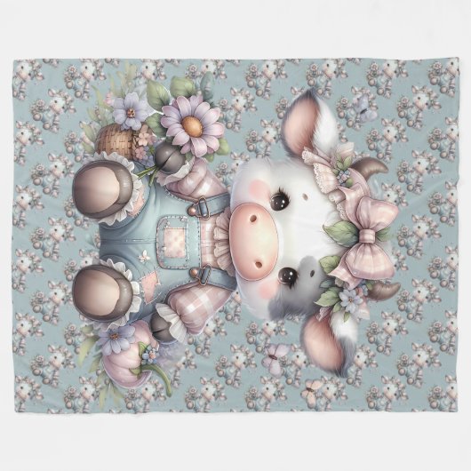 Schattigee Pastel Koe in Overalls met Bloemen Fleece Deken (Voorkant (Horizontaal))