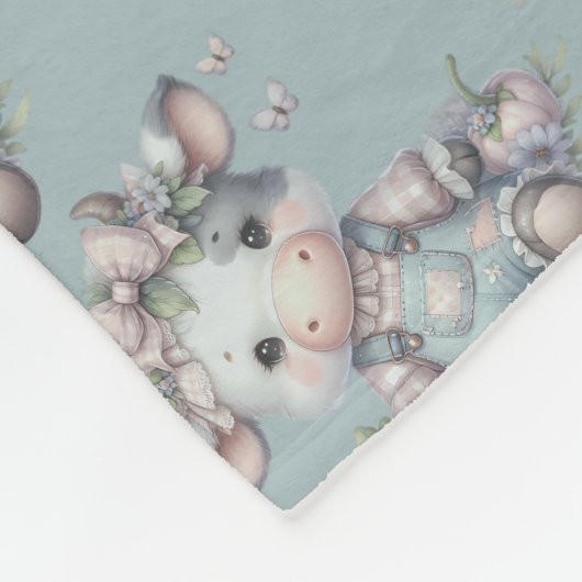 Schattigee Pastel Koe in Overalls met Bloemen Fleece Deken (Hoek)