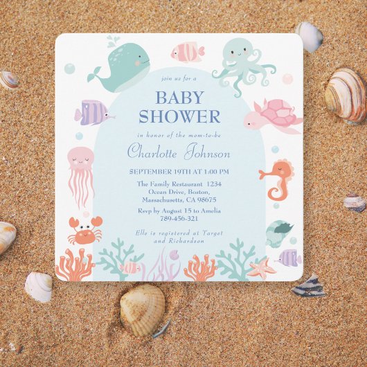 Schattigee Pastel Ocean Friends Blauw Baby shower Kaart