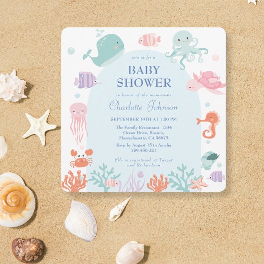 Schattigee Pastel Ocean Friends Blauw Baby shower Kaart