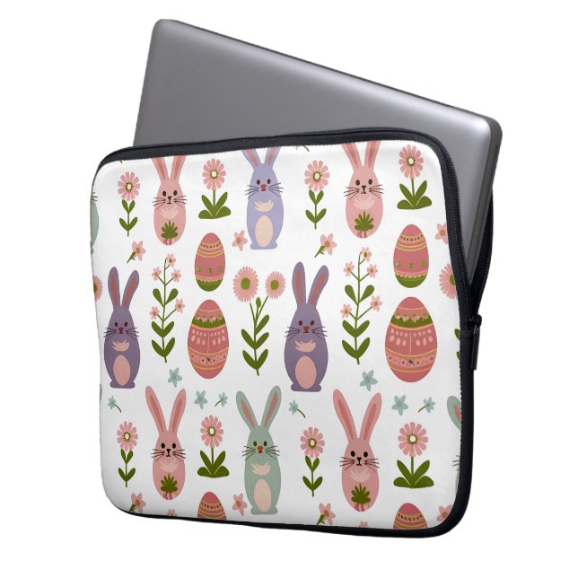 Schattigee Pastel Paashaas en Egg Naadloos Patroon Laptop Sleeve (Voorkant Links)