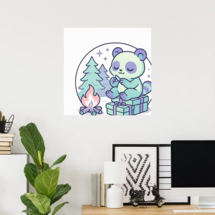 Schattigee Pastel Panda bij het kampvuur met gesch Poster