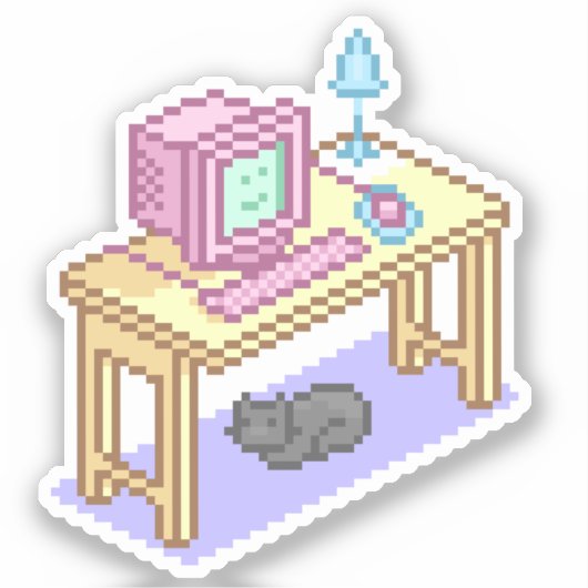 Schattigee Pastel Pixel Art Computer Desk Cat Sticker (Voorkant)