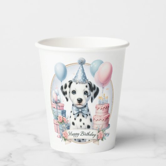 Schattigee Pastel Puppy Dalmatiër - Verjaardag Papieren Bekers (Voorkant)