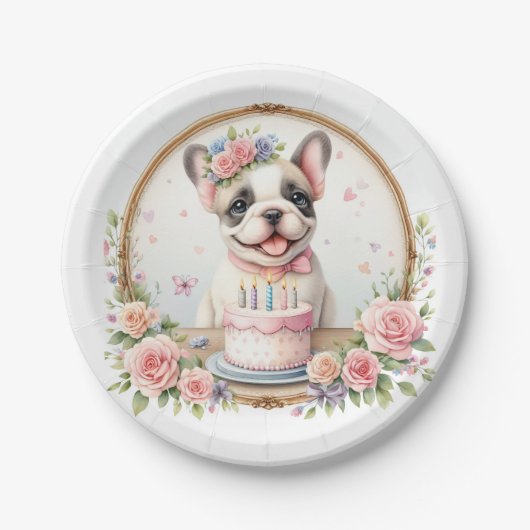 Schattigee Pastel Puppy Franse Bulldog - Verjaarda Papieren Bordje (Voorkant)