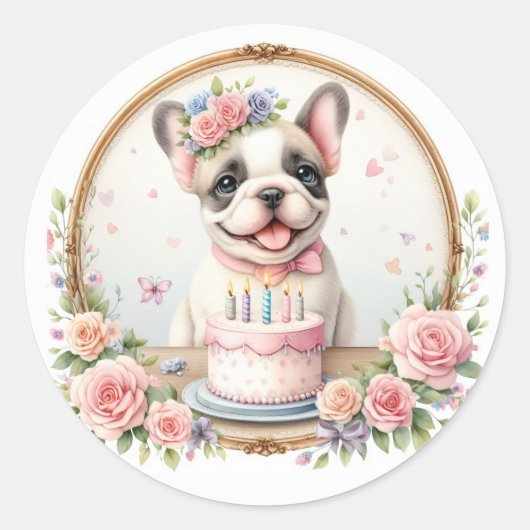 Schattigee Pastel Puppy Franse Bulldog - Verjaarda Ronde Sticker (Voorkant)