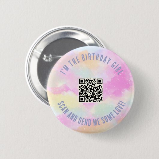 Schattigee Pastel Rainbow Pink QR Code Verjaardags Ronde Button 5,7 Cm (Voorkant /achterkant)