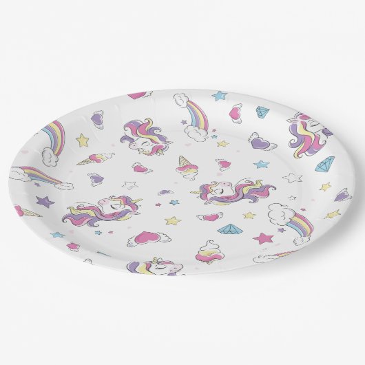Schattigee Pastel Rainbow Unicorn Patroon Verjaard Papieren Bordje (Gekanteld)