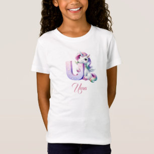 Schattigee pastel regenboog eenhoorn letter U Mono T-shirt