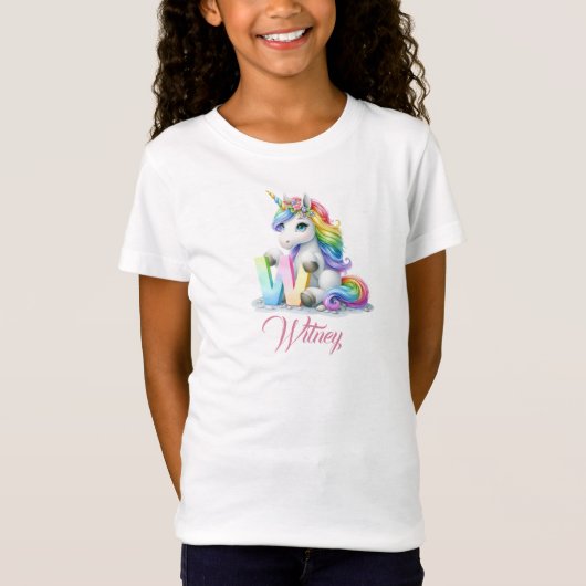 Schattigee pastel regenboog eenhoorn letter w mono t-shirt (Voorkant)