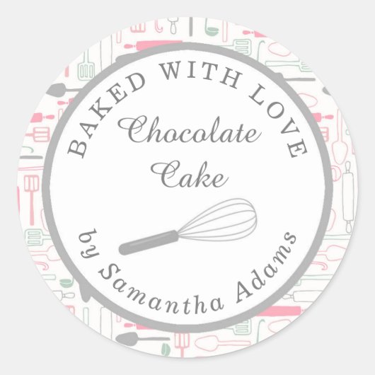 Schattigee pastel roze bakken keukengereedschap op ronde sticker (Voorkant)
