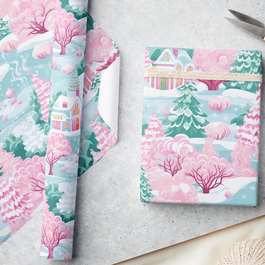 Schattigee pastel roze betoverde bos kerst cadeaupapier