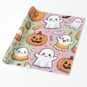 Schattigee Pastel Roze Halloween Ghost & Pumpkin Cadeaupapier (Uitgerold)