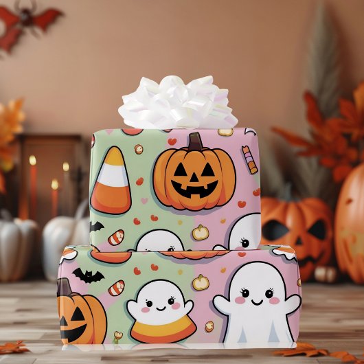Schattigee Pastel Roze Halloween Ghost & Pumpkin Cadeaupapier