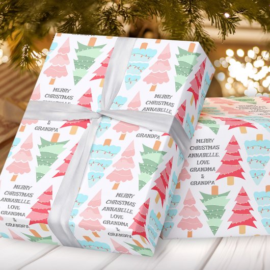 Schattigee Pastel Roze Kleurrijke Kerstboom Naam Cadeaupapier