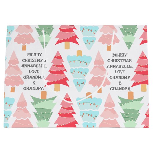 Schattigee Pastel Roze Kleurrijke Kerstboom Naam Groot Cadeauzakje (Voorkant)