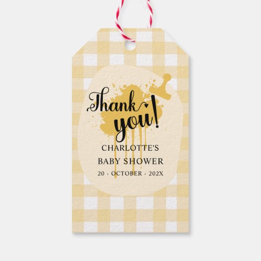 Schattigee pastel Sinaasappel gingham Baby shower Cadeaulabel (Achterkant)