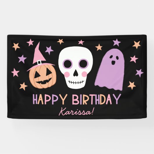 Schattigee Pastel Skull Ghost Halloween Verjaardag Spandoek (Horizontaal)