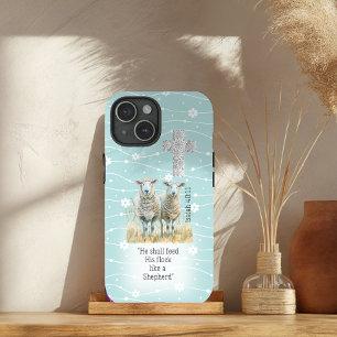 Schattigee pastel turquoise bloemenschaap kruis Sc iPhone 15 Case