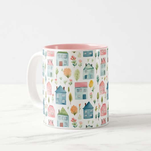 Schattigee Pastel Waterverf Huizen Tweekleurige Koffiemok (Voorkant links)