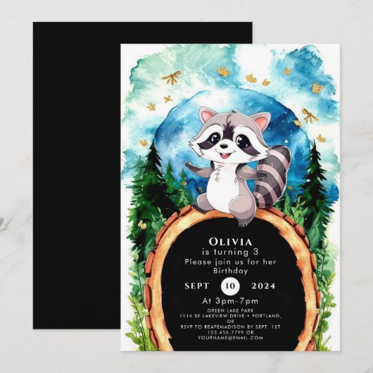 Schattigee Pastel Woodland Raccoon Verjaardag Kaart (Voorkant / Achterkant)