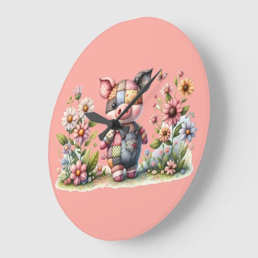 Schattigee patchwork biggetje in bloementuin grote klok (Hoek)