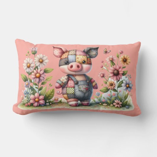 Schattigee patchwork biggetje in bloementuin kussen (Voorkant)