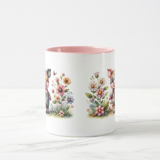 Schattigee patchwork biggetje in bloementuin mok (Midden)