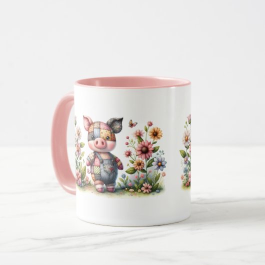 Schattigee patchwork biggetje in bloementuin mok (Voorkant links)