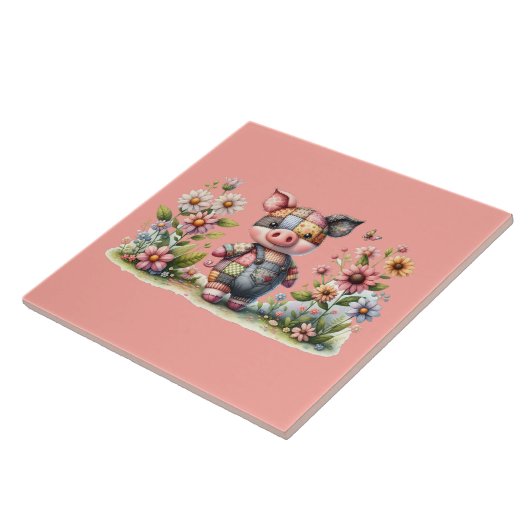 Schattigee patchwork biggetje in bloementuin tegeltje (Zijkant)