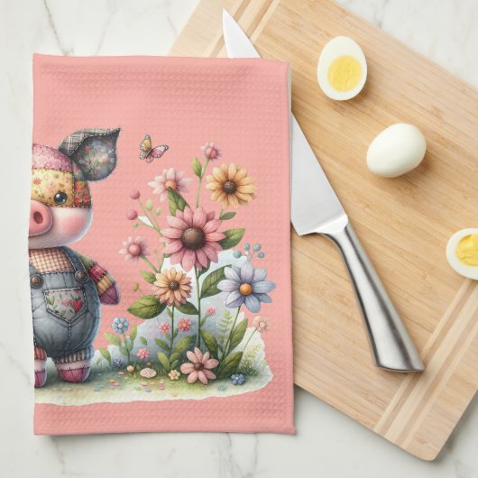 Schattigee patchwork biggetje in bloementuin theedoek (Quarter Fold)