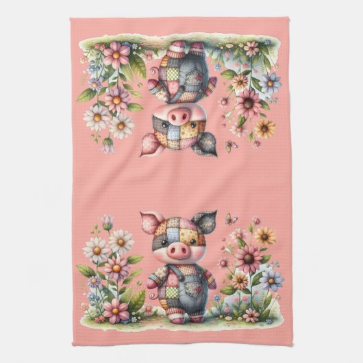 Schattigee patchwork biggetje in bloementuin theedoek (Verticaal)