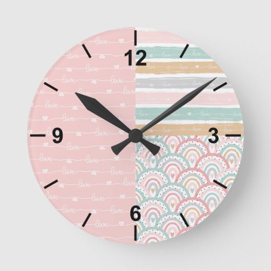 Schattigee Patchwork Harten Regenbogen - Pastel Wa Ronde Klok (Voorkant)