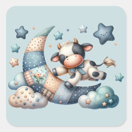 Schattigee Patchwork Koe Over Moon Met Stars Vierkante Sticker (Voorkant)