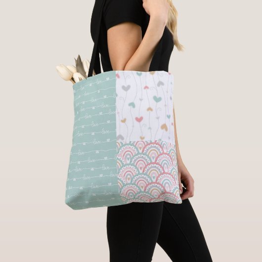 Schattigee Patchwork Liefde Harten Rainbows Canvas Tote Bag (Dichtbij)