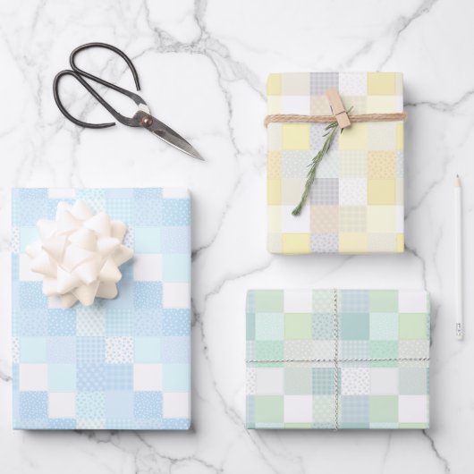 Schattigee Patchwork Pastel Lemon, Blauw en Groen Inpakpapier Vel (Voorkant)