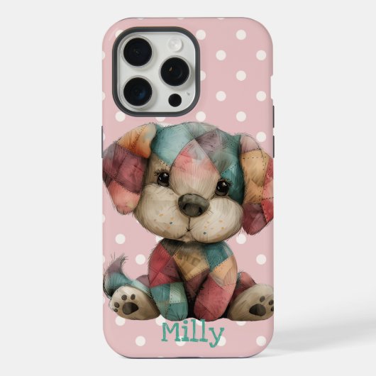 Schattigee Patchwork Puppy | Gepersonaliseerde roz iPhone Hoesje (Achterkant)