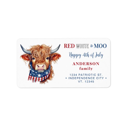 Schattigee patriottische Koe 4 juli terugkeeradres Etiket (Voorkant)