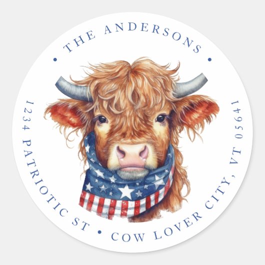 Schattigee patriottische Koe 4 juli terugkeeradres Ronde Sticker (Voorkant)